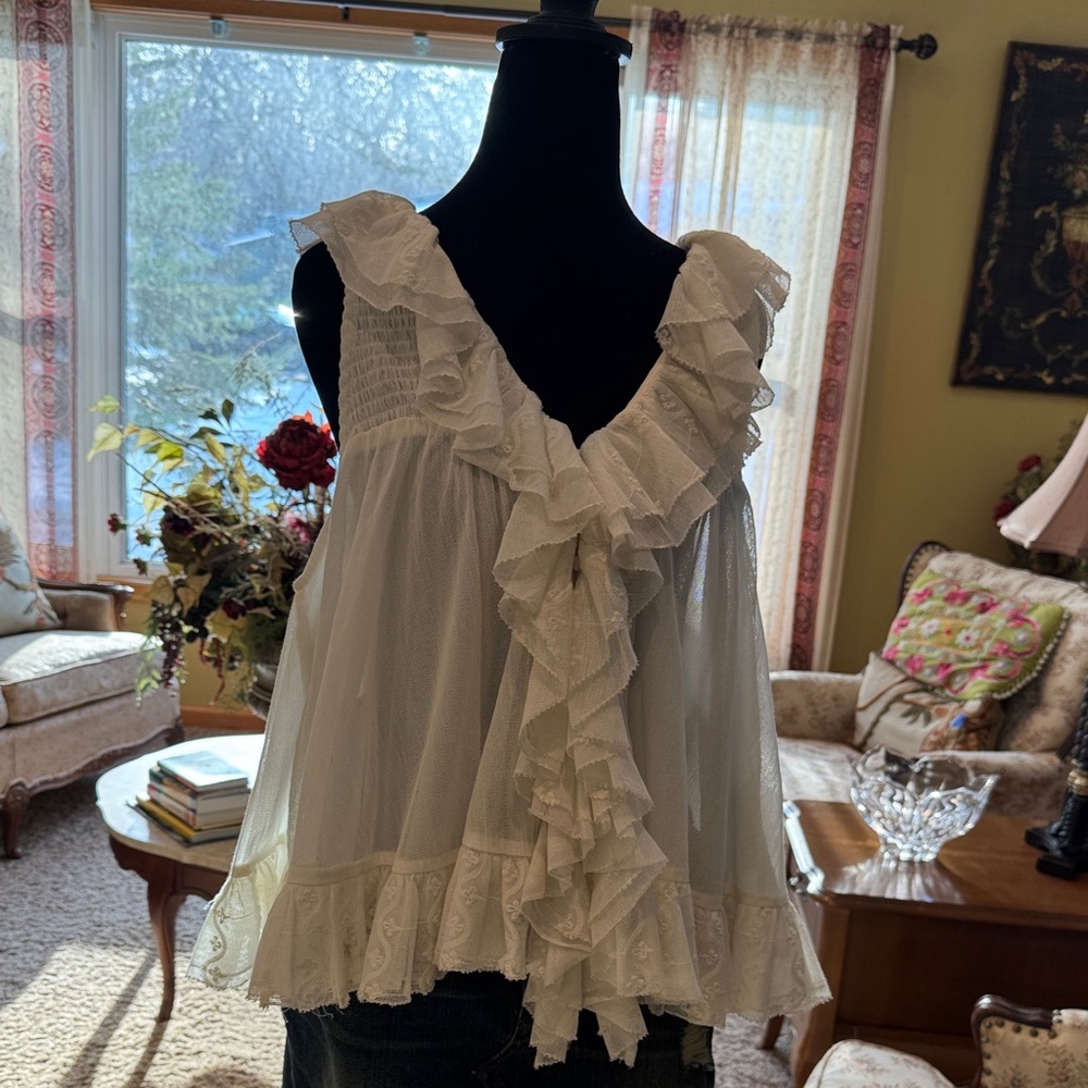 Anthropologie White Ruffled Sleeveless Top